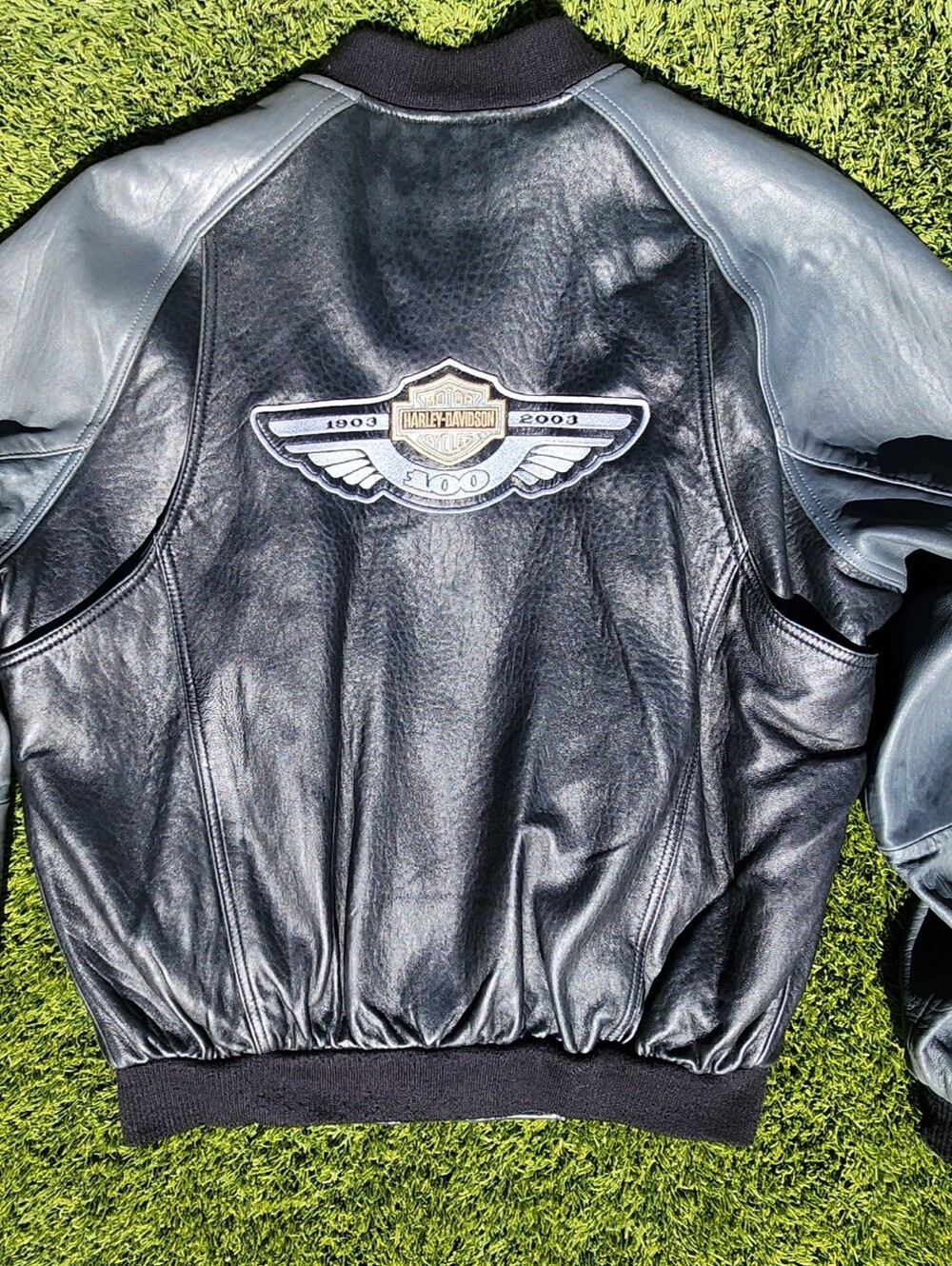 Vintage 100th Yr. Harley-Davidson Black/Grey Leather Bomber Jacket - Picture 8 of 8